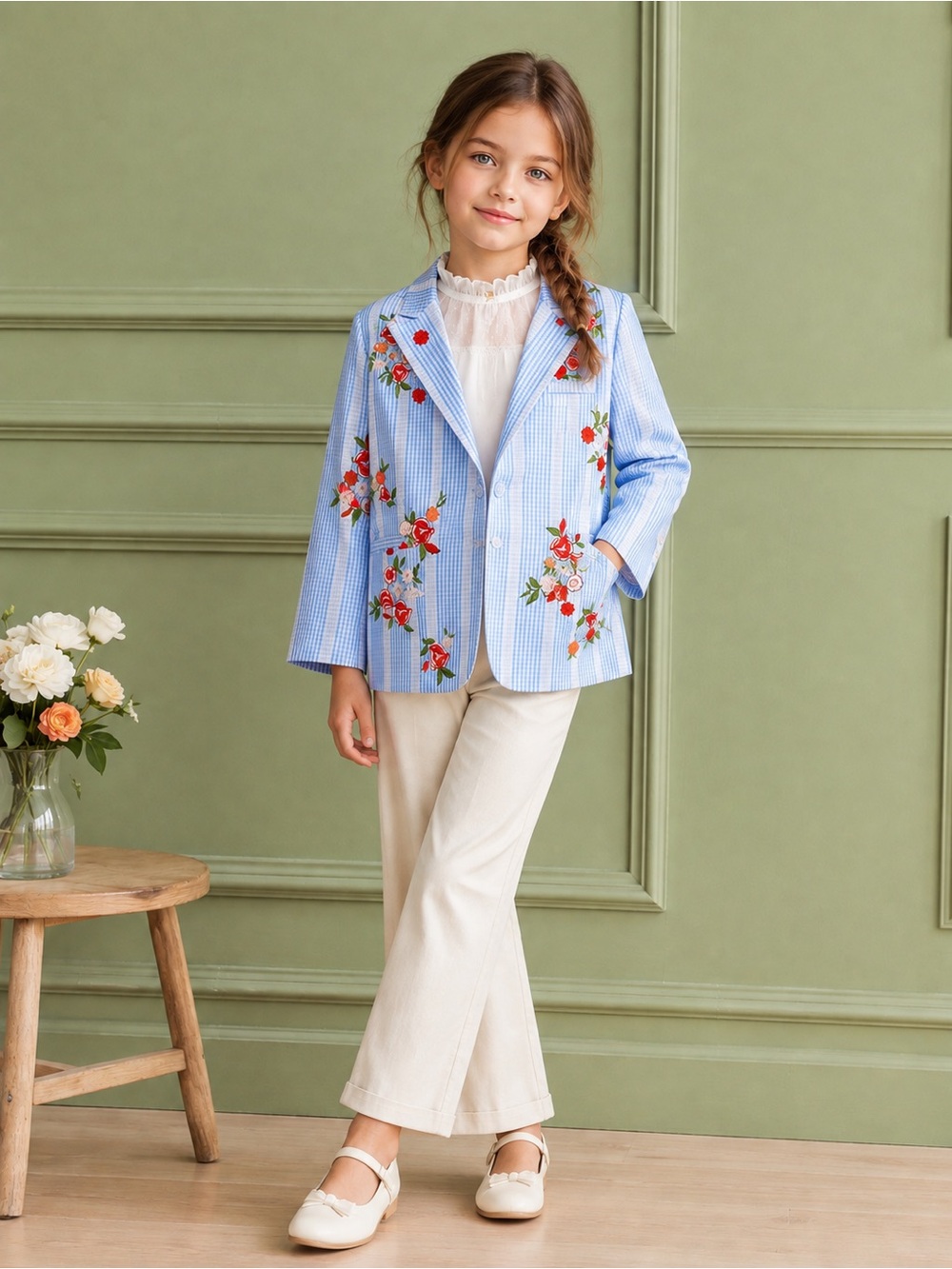 Girls Embroidered Gingham Blazer Jacket Blue Floral